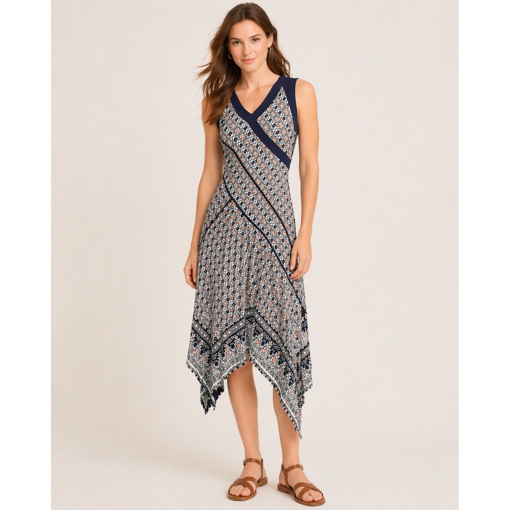 Jones New York Midi Dress Womens 2 Navy Geometric Handkerchief Hem Boho Festival